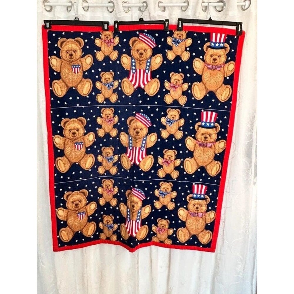 Vintage Wamsutta Hallmark Patriotic Teddy Bear Handmade Quilt Blanket 51x21